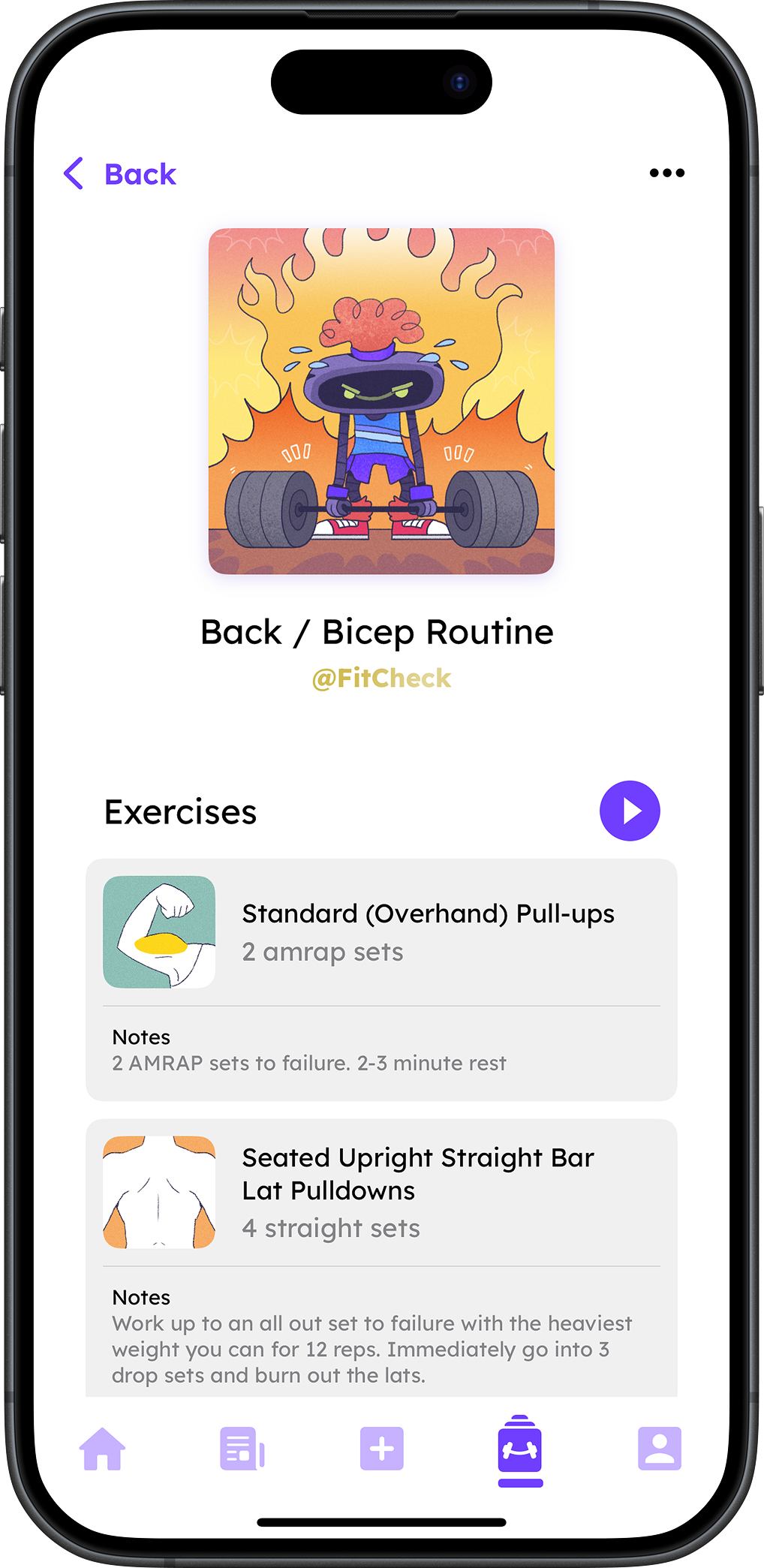 FitCheck workout list screenshot